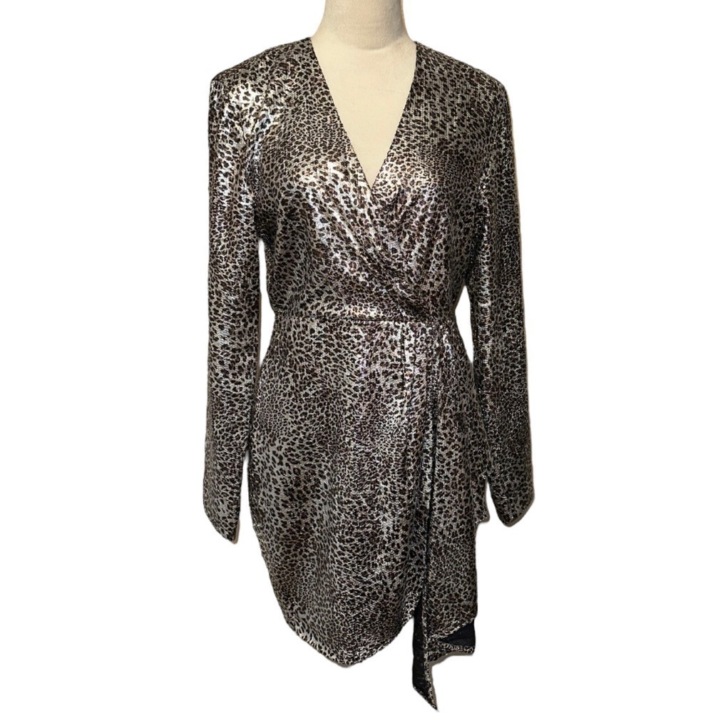 Nwt Ronny Kobo Jerry Leopard Print Cocktail Mini Dress Metallic Silver M - Picture 5 of 17